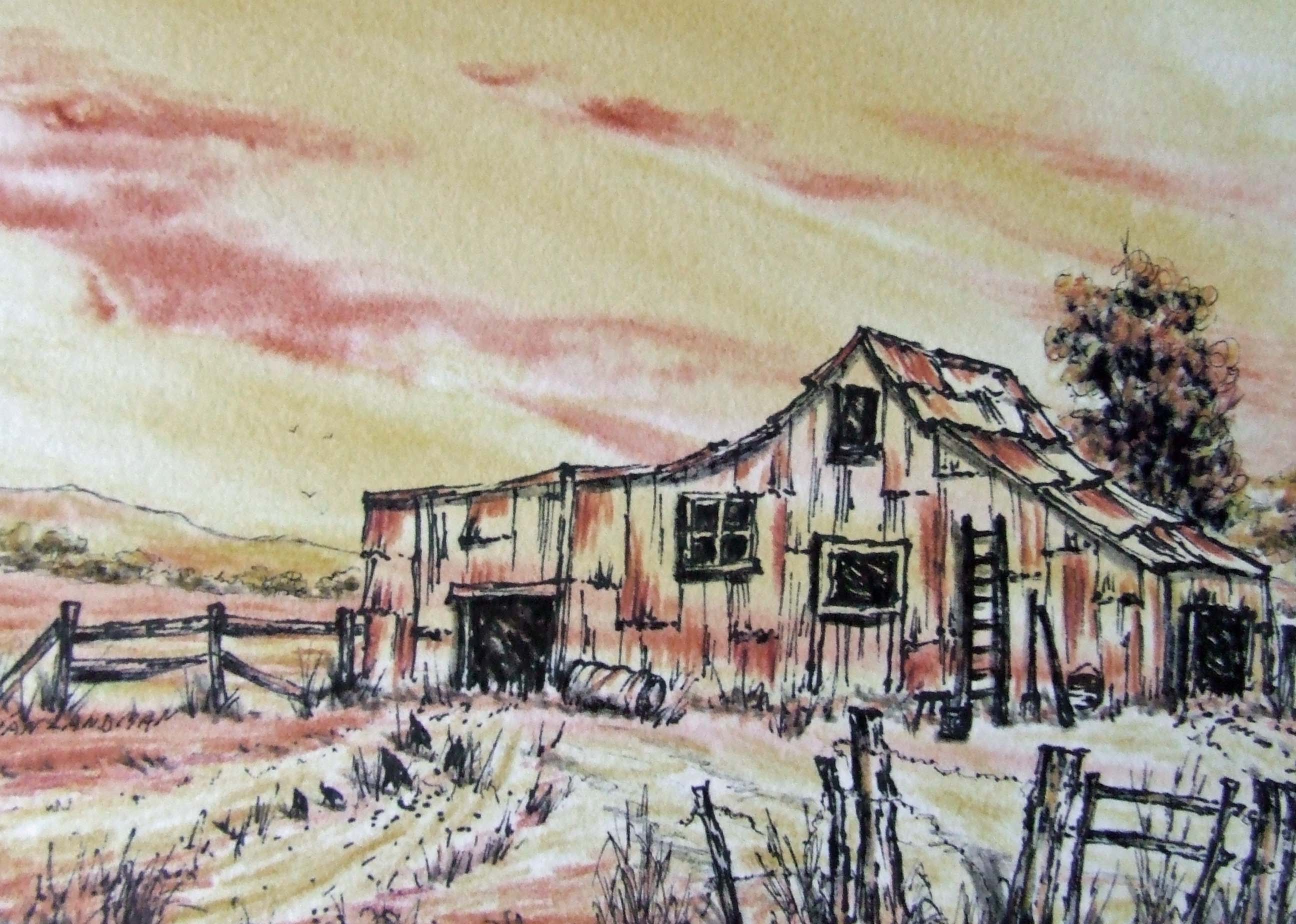 Old farm shed. Painting by Sian Butler.