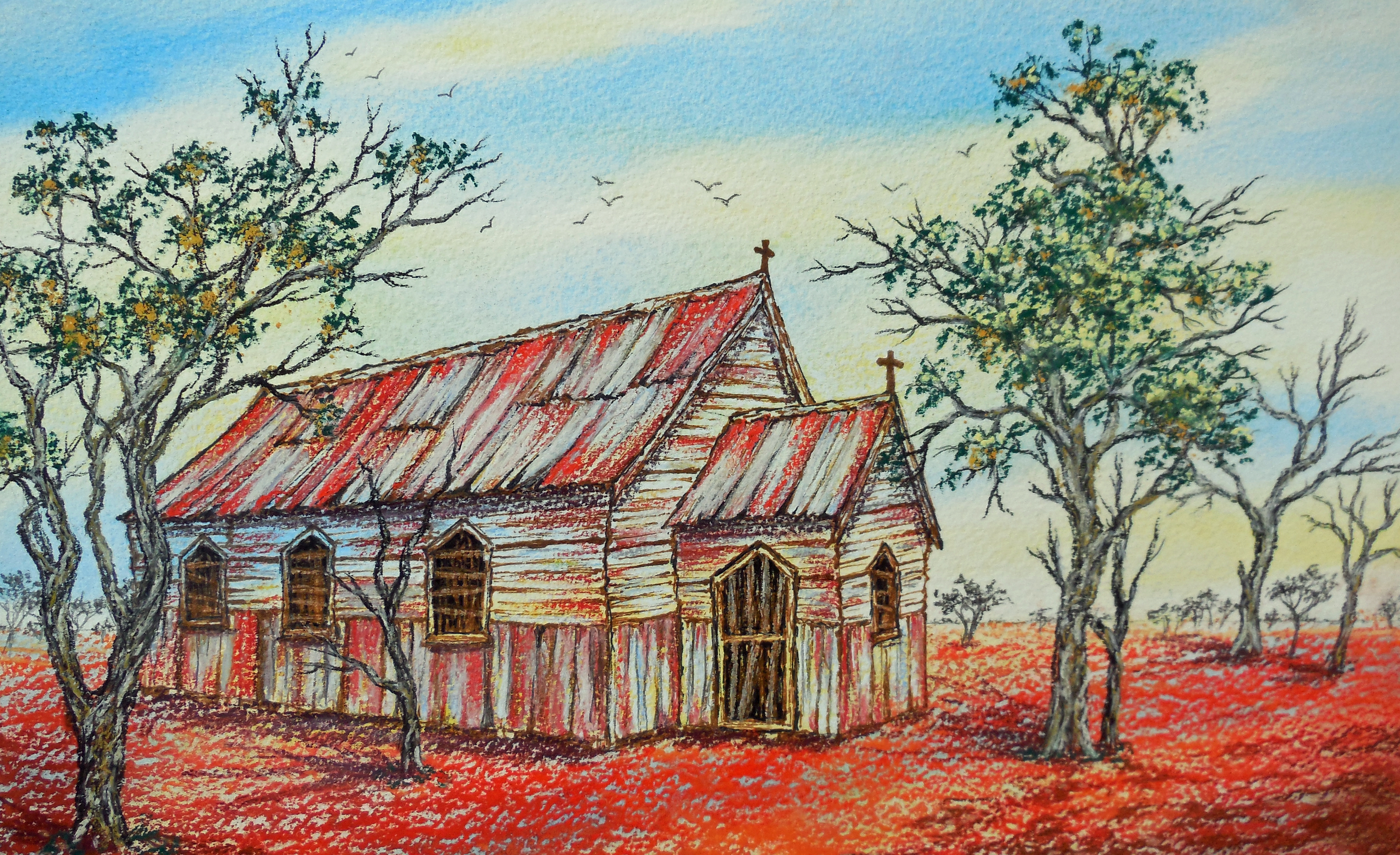 Australian Outback Church. Painting by Sian Butler.